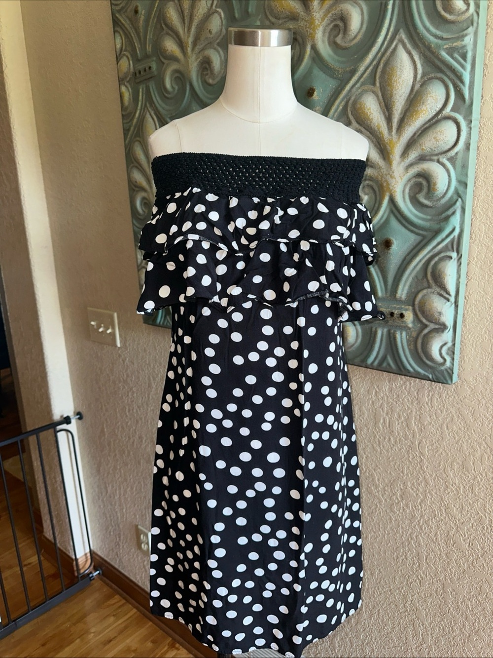 MSK Womens Small Off Shoulder Dress Black White Polka Dot Ruffle Knee Length